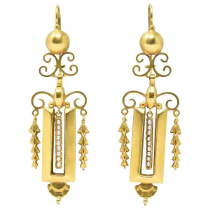 Victorian Seed Pearl & 14K Gold Drop Earrings, CA 1890