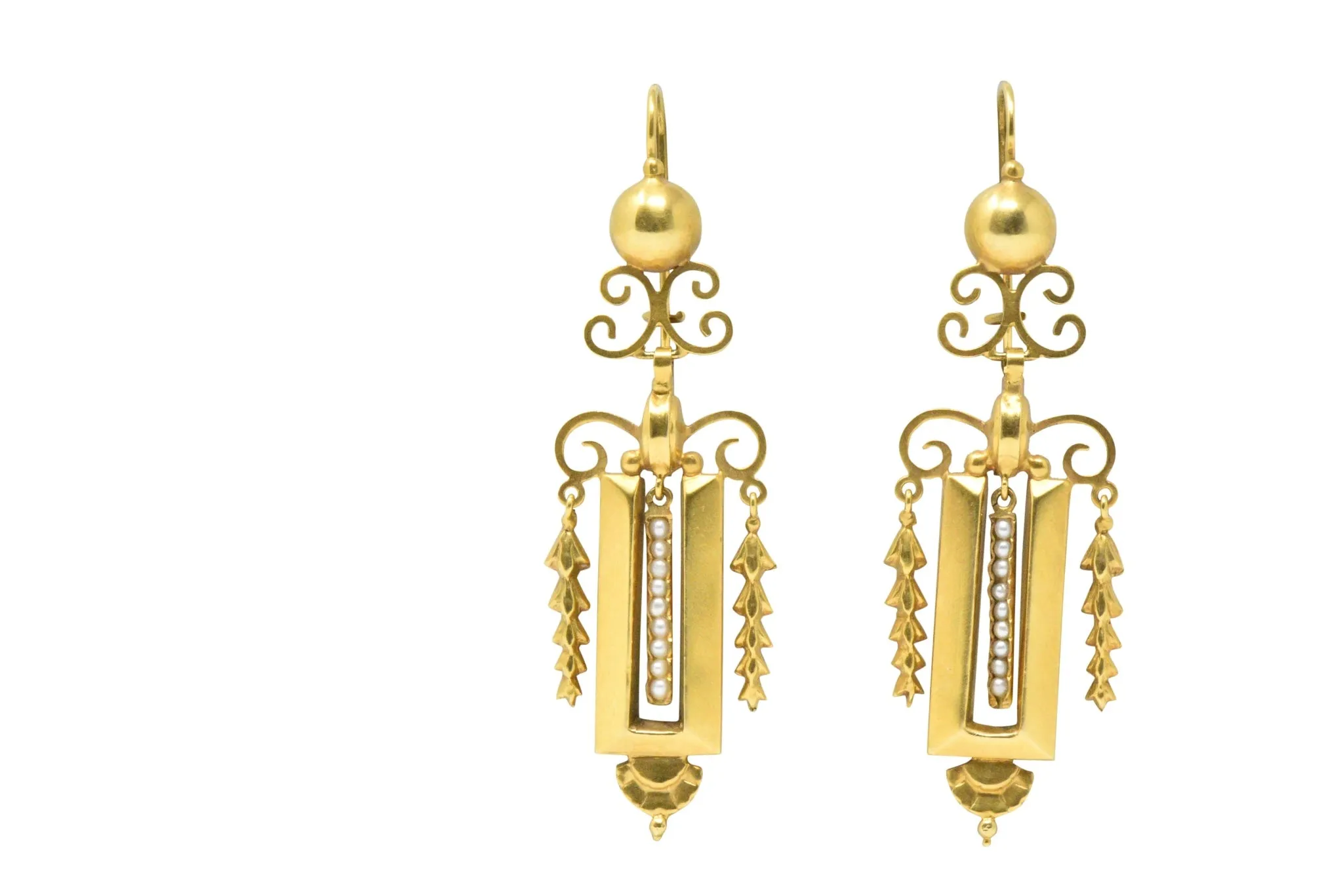 Victorian Seed Pearl & 14K Gold Drop Earrings, CA 1890