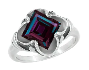 Victorian Waves Square 2.25 Carat Lab Created Alexandrite Ring in 14 Karat White Gold