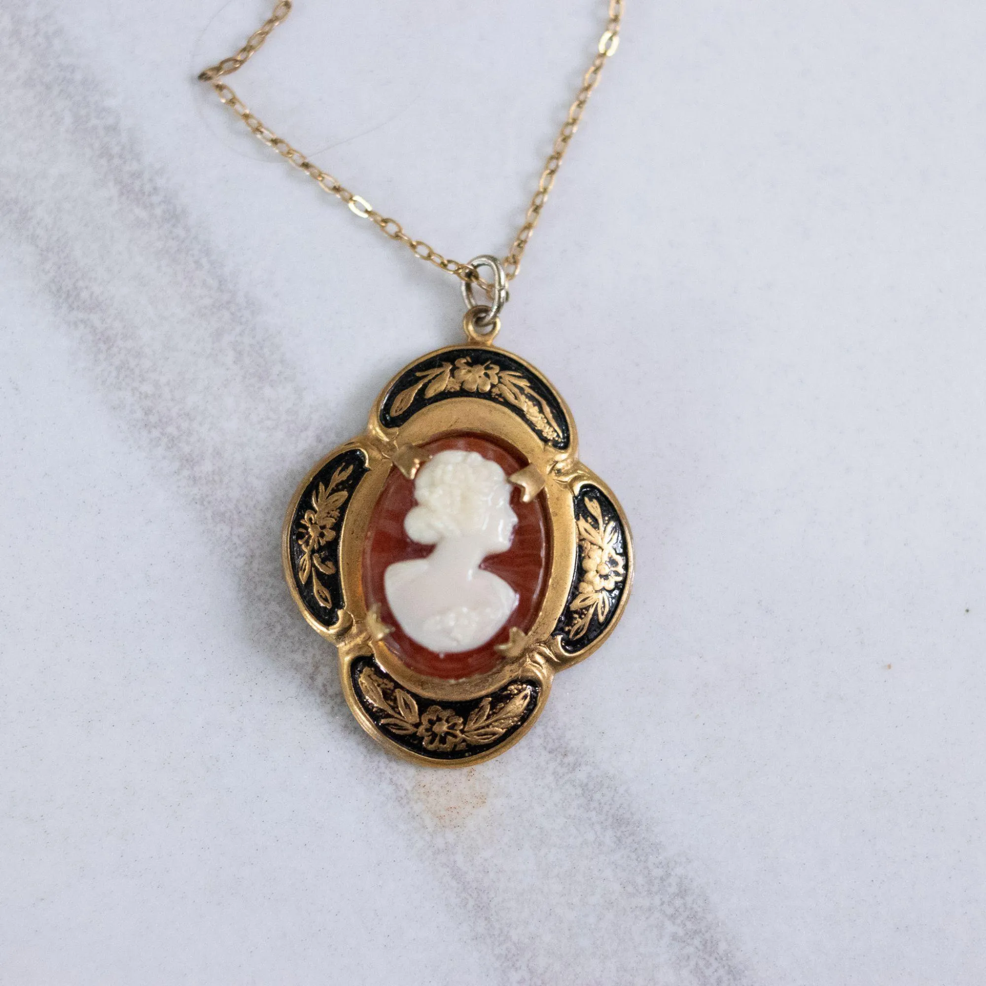 Vintage Kara Cameo Pendant Necklace with Black and Gold Setting