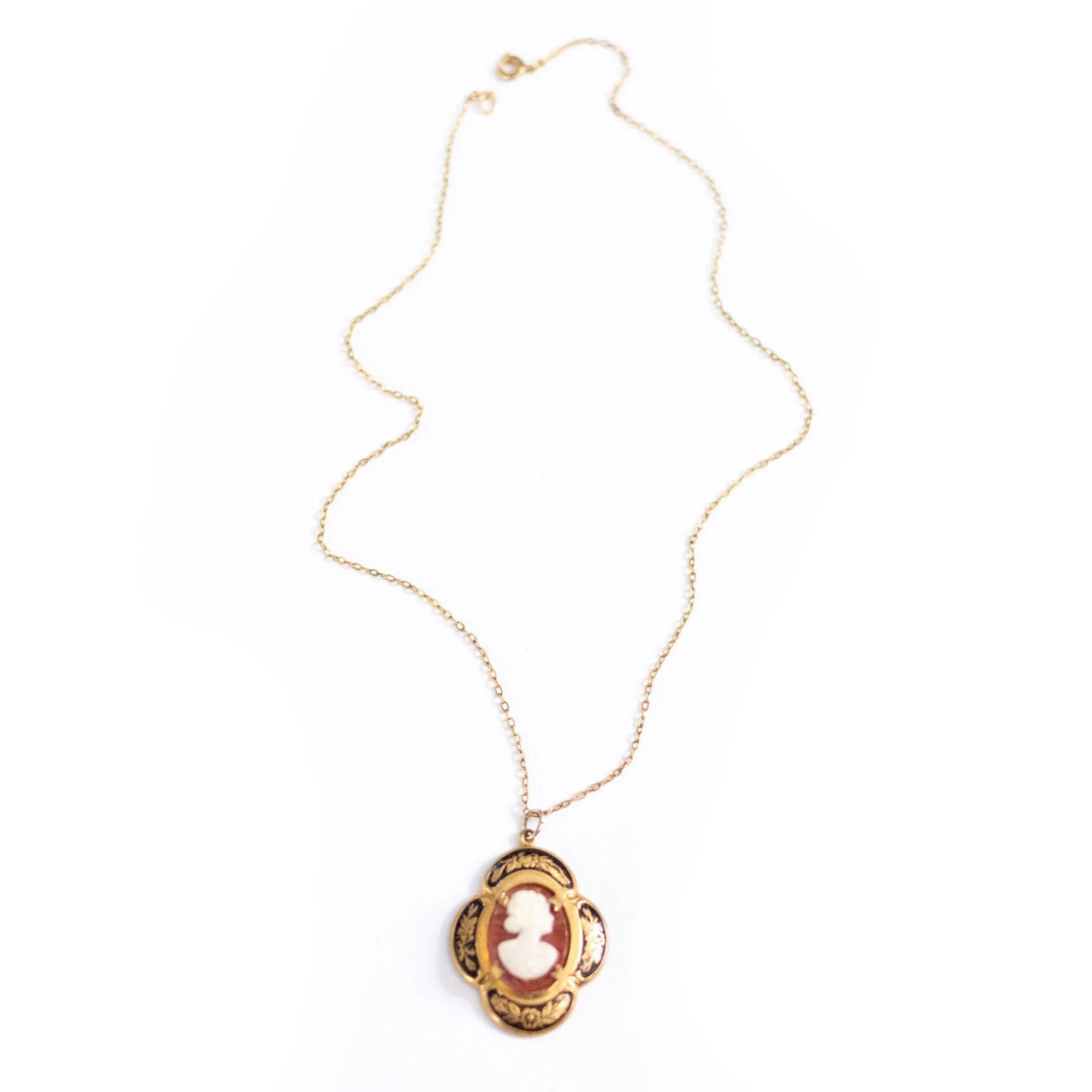 Vintage Kara Cameo Pendant Necklace with Black and Gold Setting