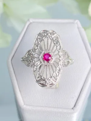 Vintage Style Ruby Ring, Size 9, Round Gem, Debut, Victorian Sterling Silver Filigree, D588 - Ready to Ship