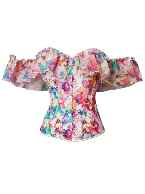 Vintage Victorian Off Shoulder Ruffle Overbust Lace Up Corset