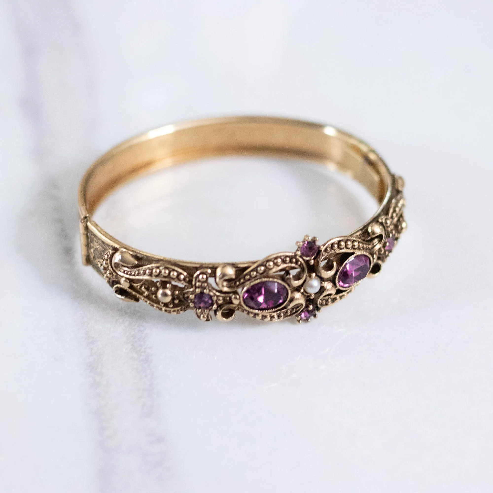 Vintage Victorian Revival Hinged Bangle Bracelet with Purple Rhinestones and Faux Pearls