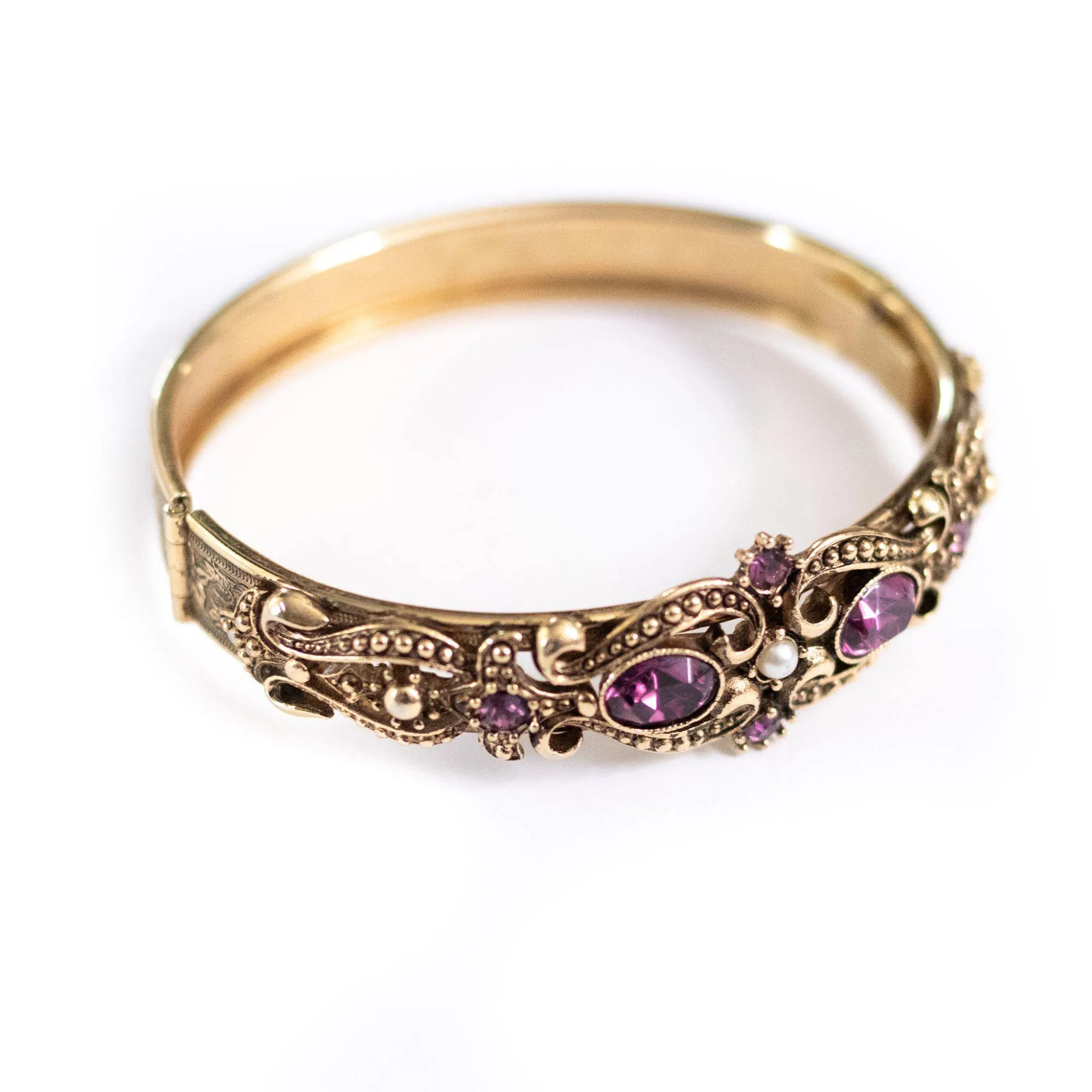 Vintage Victorian Revival Hinged Bangle Bracelet with Purple Rhinestones and Faux Pearls