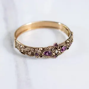 Vintage Victorian Revival Hinged Bangle Bracelet with Purple Rhinestones and Faux Pearls