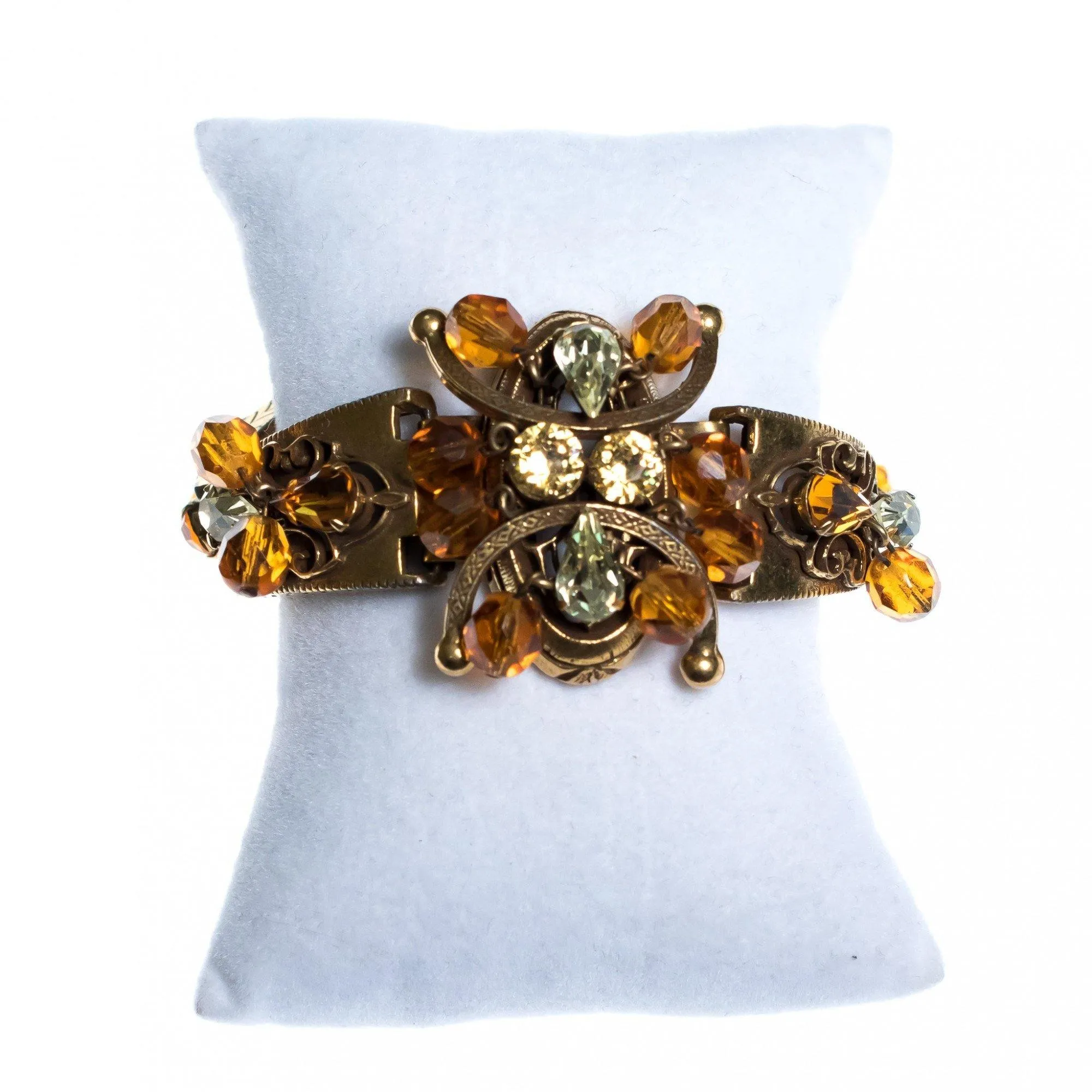 Vintage Victorian Revival Ornate Bracelet with Citrine and Amber Rhinestones