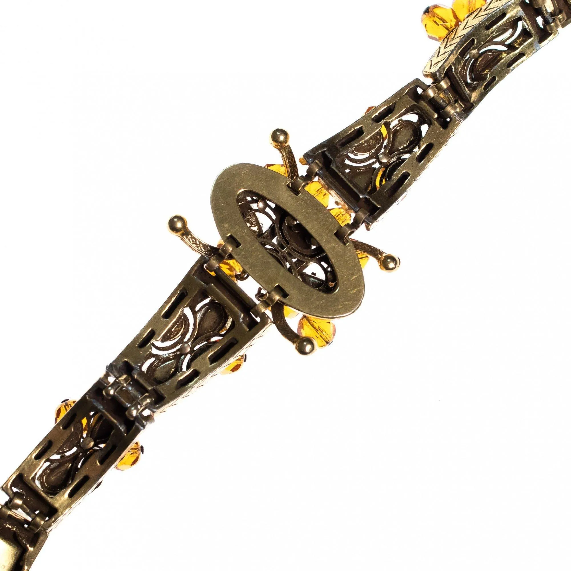 Vintage Victorian Revival Ornate Bracelet with Citrine and Amber Rhinestones