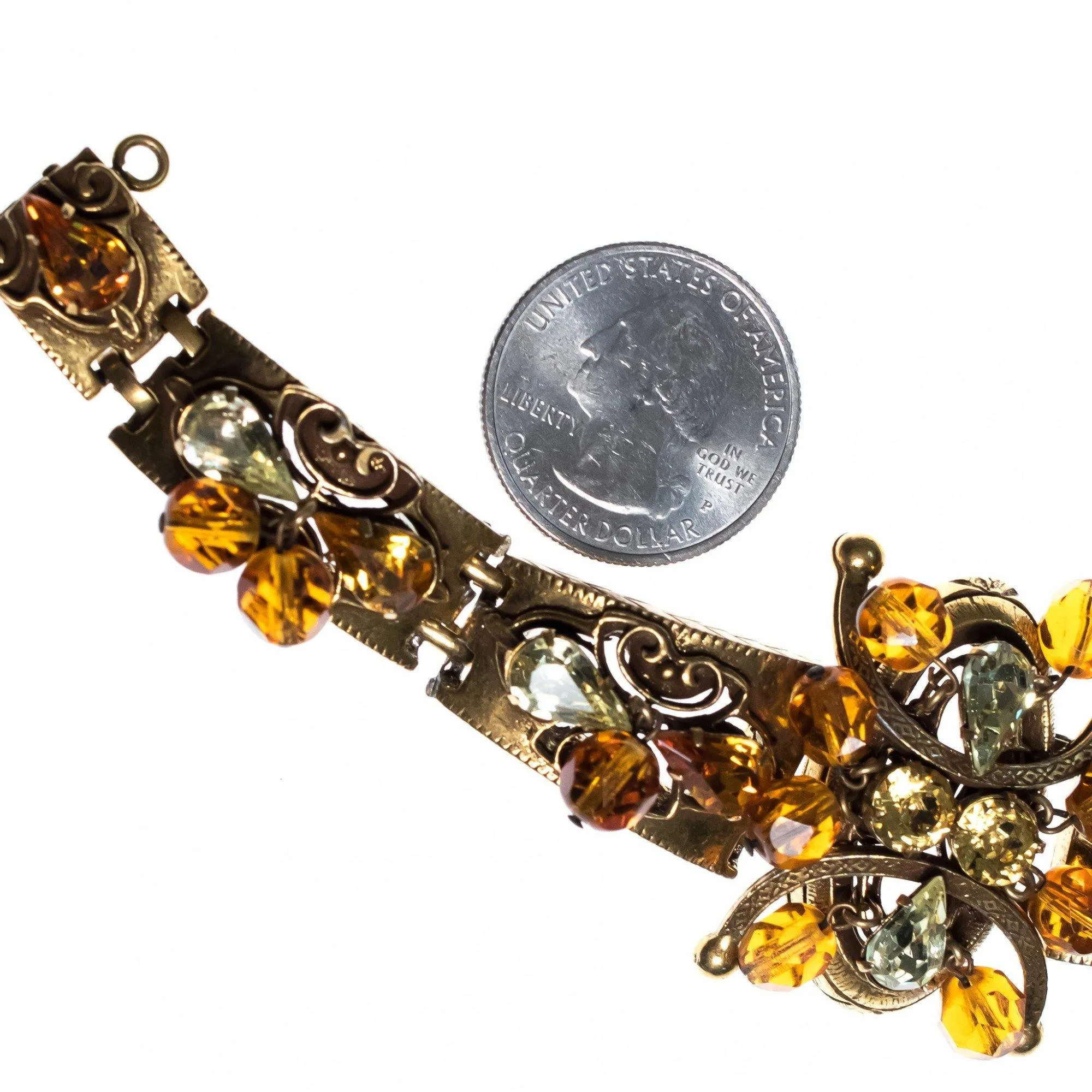 Vintage Victorian Revival Ornate Bracelet with Citrine and Amber Rhinestones