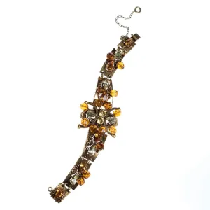 Vintage Victorian Revival Ornate Bracelet with Citrine and Amber Rhinestones