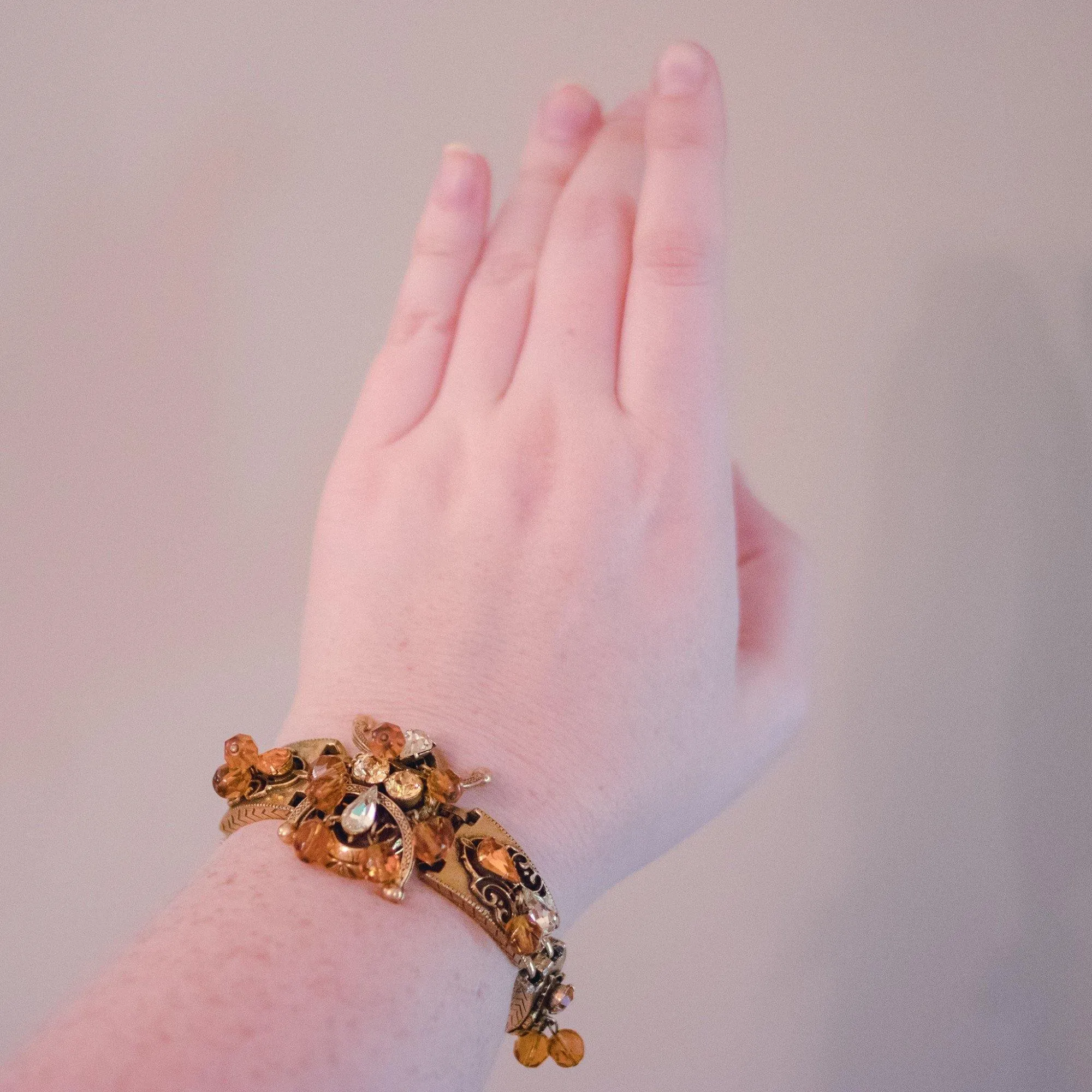 Vintage Victorian Revival Ornate Bracelet with Citrine and Amber Rhinestones