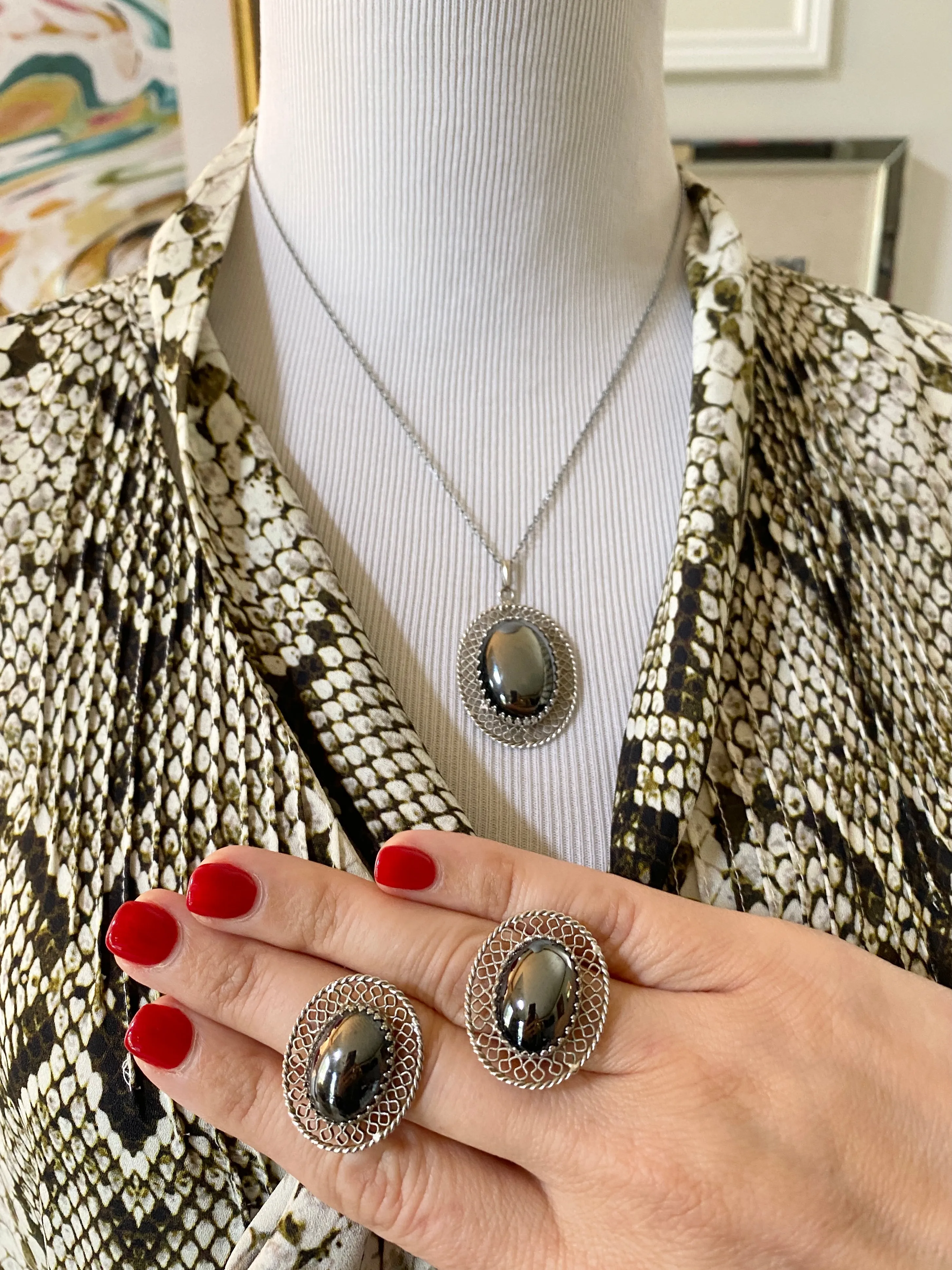 Vintage Whiting and Davis Hematite with Silver Lattice Frame Earrings