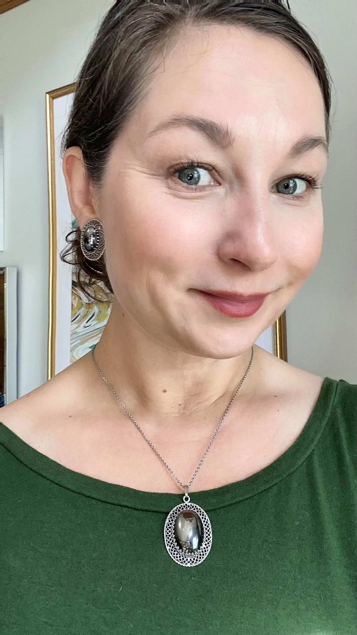 Vintage Whiting and Davis Hematite with Silver Lattice Frame Earrings