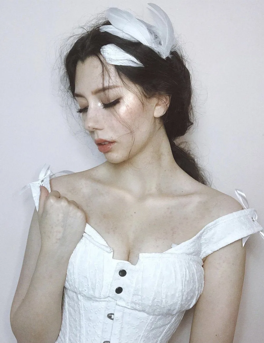 White Cotton Embroidery Anglaise Overbust With Gathered Bust