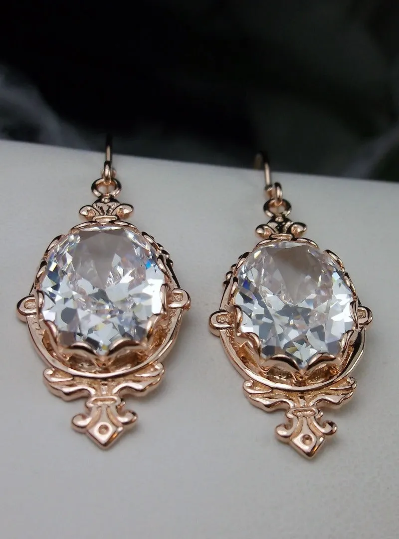White Cubic Zirconia (CZ) Pin Earrings, Rose Gold plated or Sterling Silver, Stylish Victorian Jewelry Design#E18