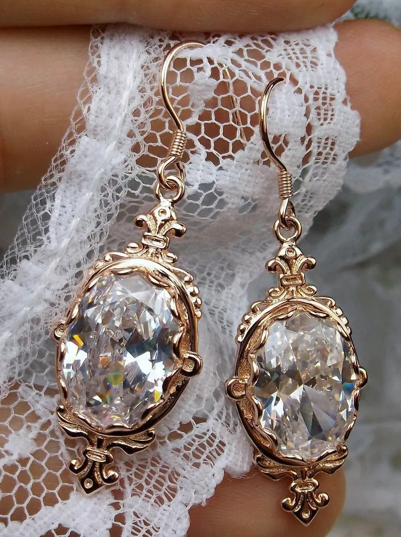 White Cubic Zirconia (CZ) Pin Earrings, Rose Gold plated or Sterling Silver, Stylish Victorian Jewelry Design#E18