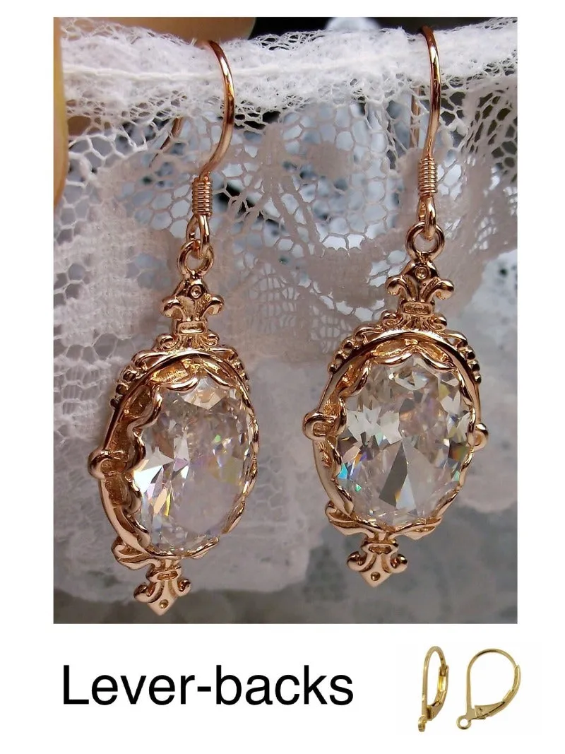 White Cubic Zirconia (CZ) Pin Earrings, Rose Gold plated or Sterling Silver, Stylish Victorian Jewelry Design#E18