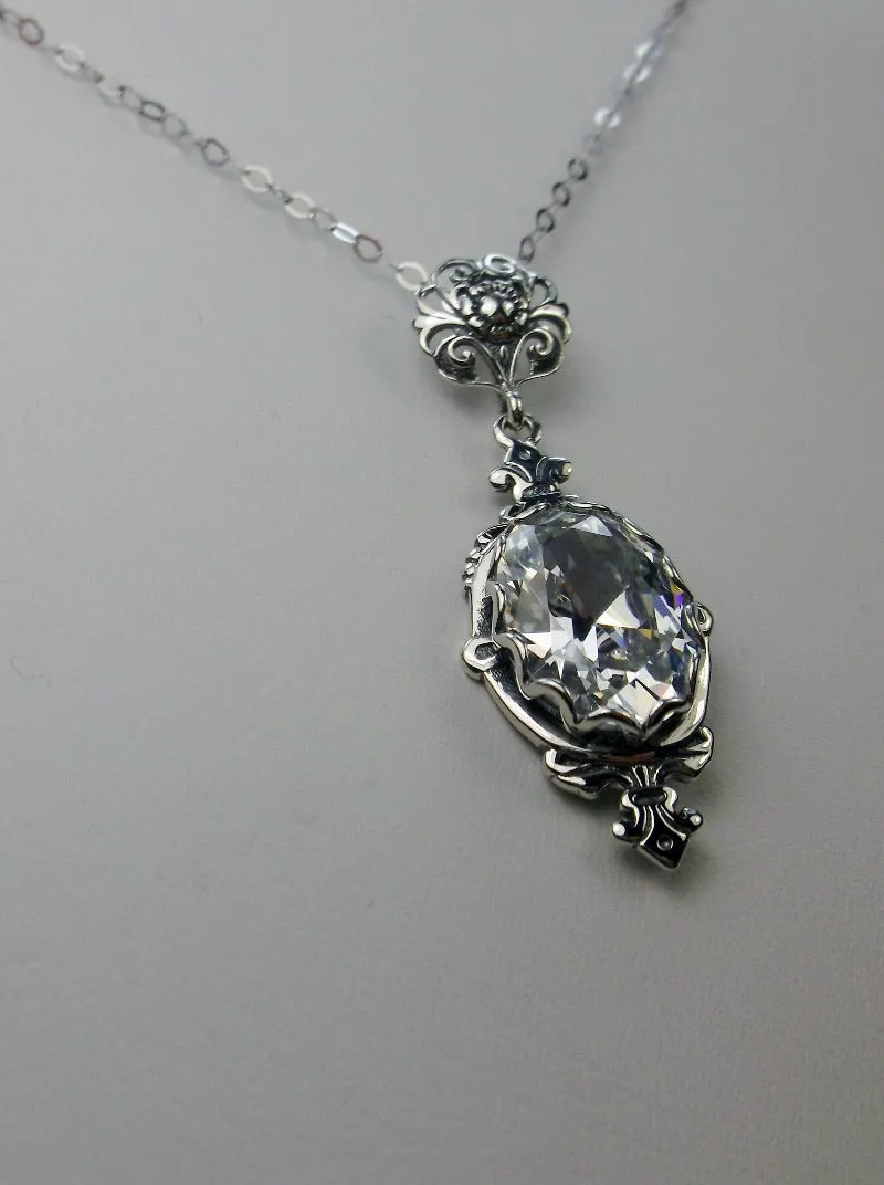 White Cubic Zirconia (CZ) Pin Pendant, Rose Gold plated or Sterling Silver, Stylish Victorian Jewelry Design#P18