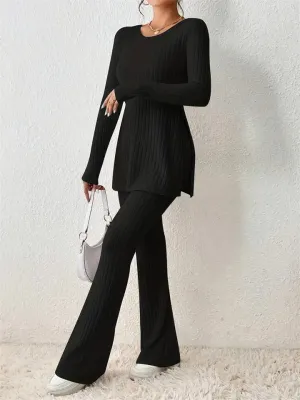 Women's Elegant Crew Neck Long Sleeve Slim Fit Pajamas ( 2 Pieces )