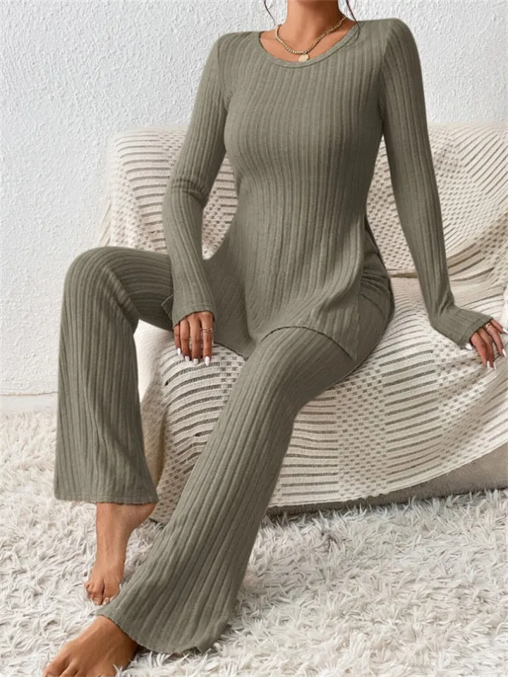 Women's Elegant Crew Neck Long Sleeve Slim Fit Pajamas ( 2 Pieces )