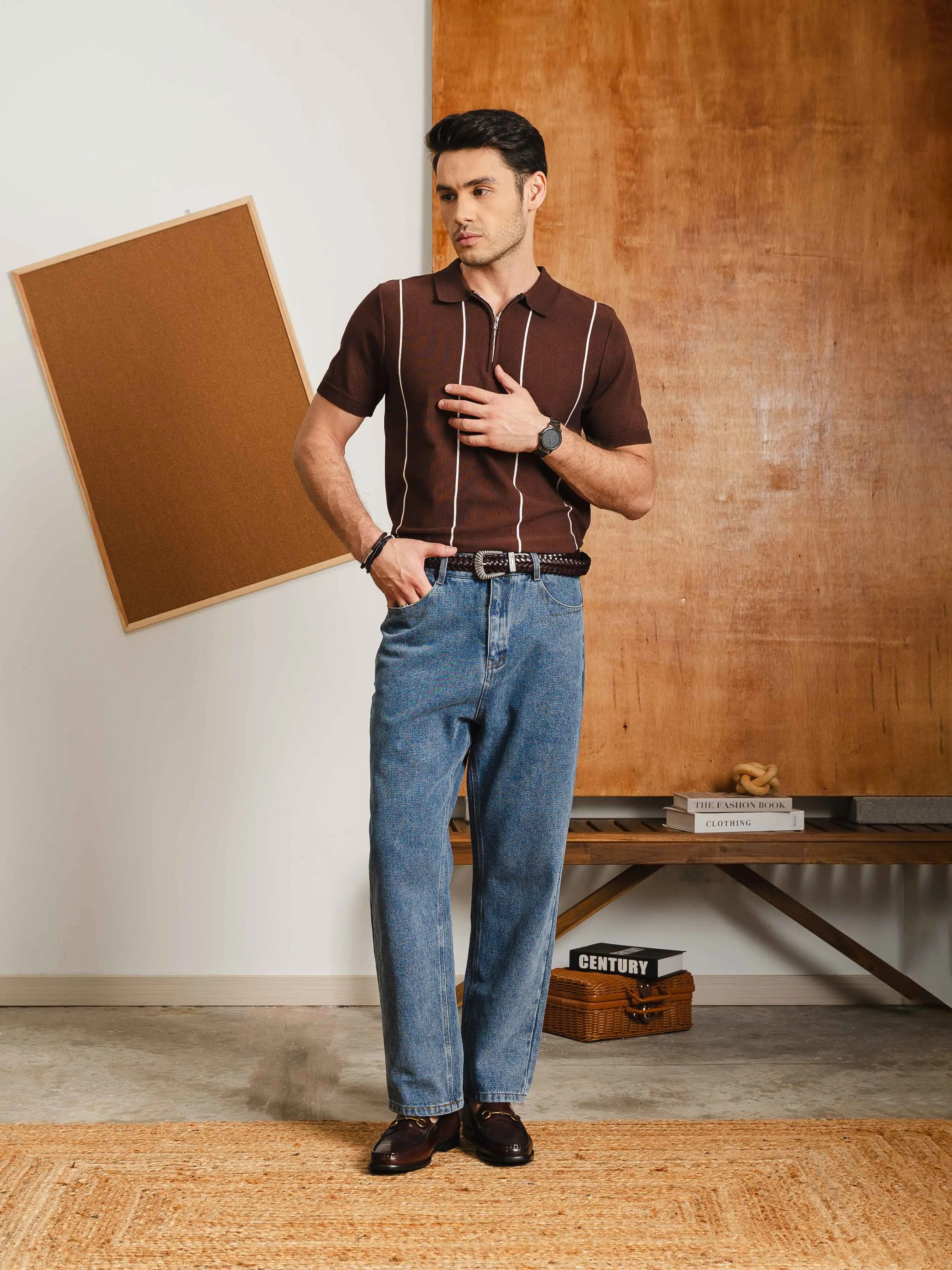 Zecca Stripe Knit Tee - Coffee Quarter-Zip