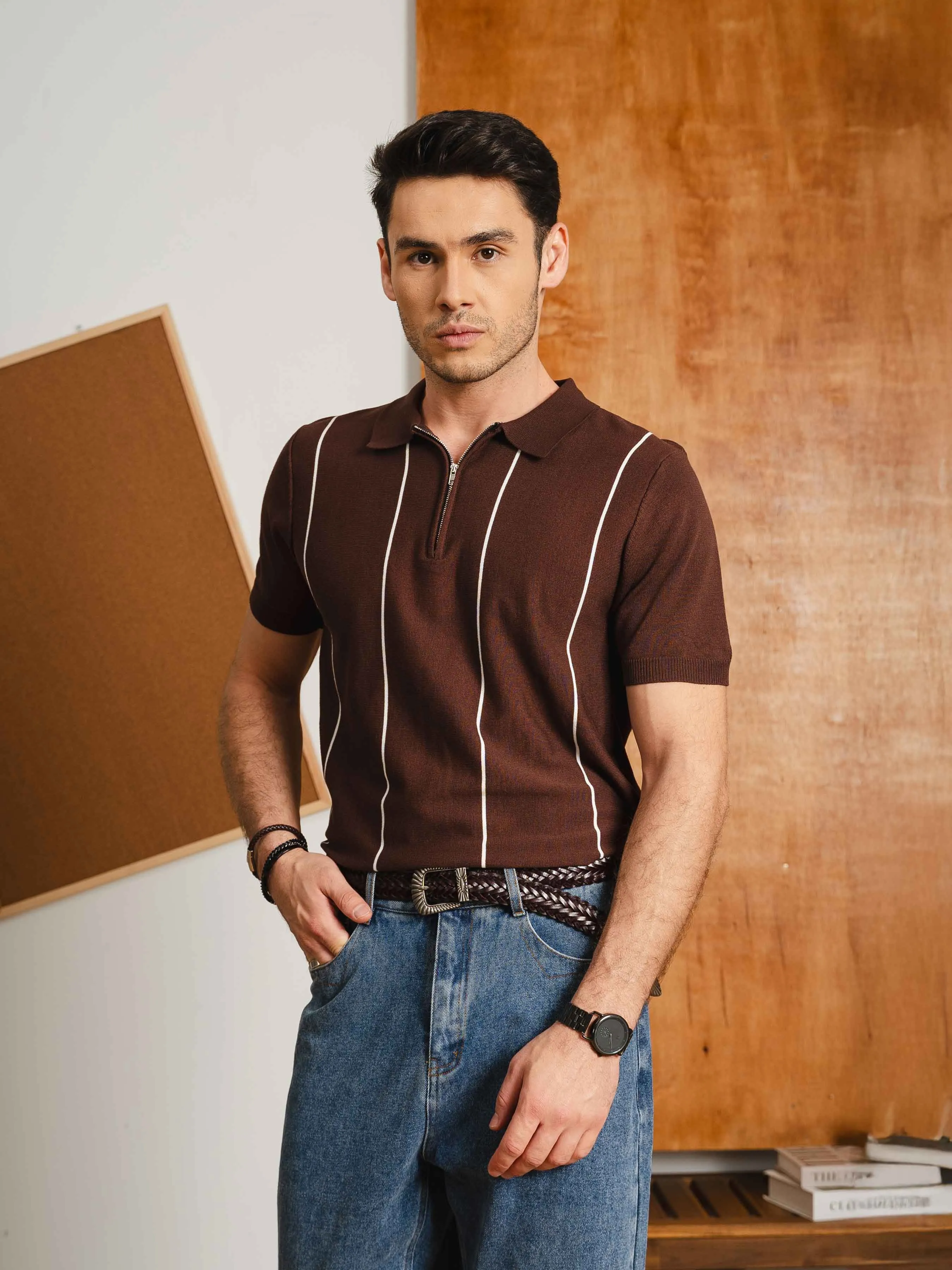 Zecca Stripe Knit Tee - Coffee Quarter-Zip