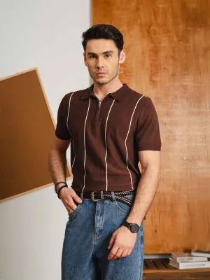 Zecca Stripe Knit Tee - Coffee Quarter-Zip
